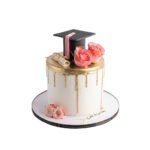 Gold Drip Pink Flower Grad Cake