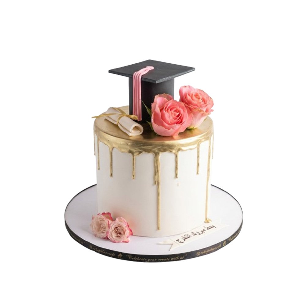grad (4) Gold Drip Pink Flower Grad Cake - Image 1