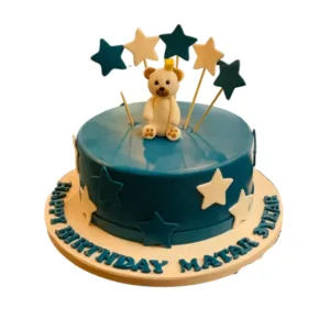 White Teddy Bear Blue Cake